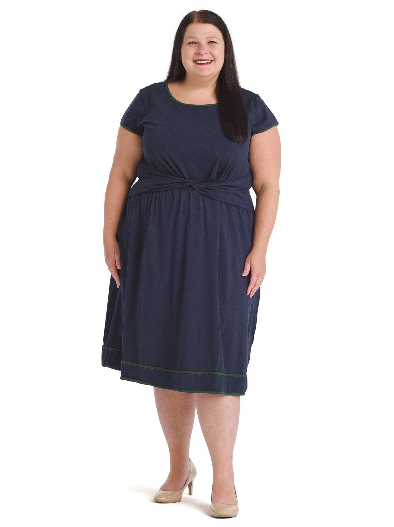 Green Piping Navy Fit And Flare Dress ...